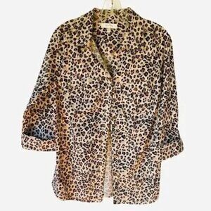 Coral Bay Womens Button Up Shirt Beige Black Leopard Long Sleeve Stretch M New